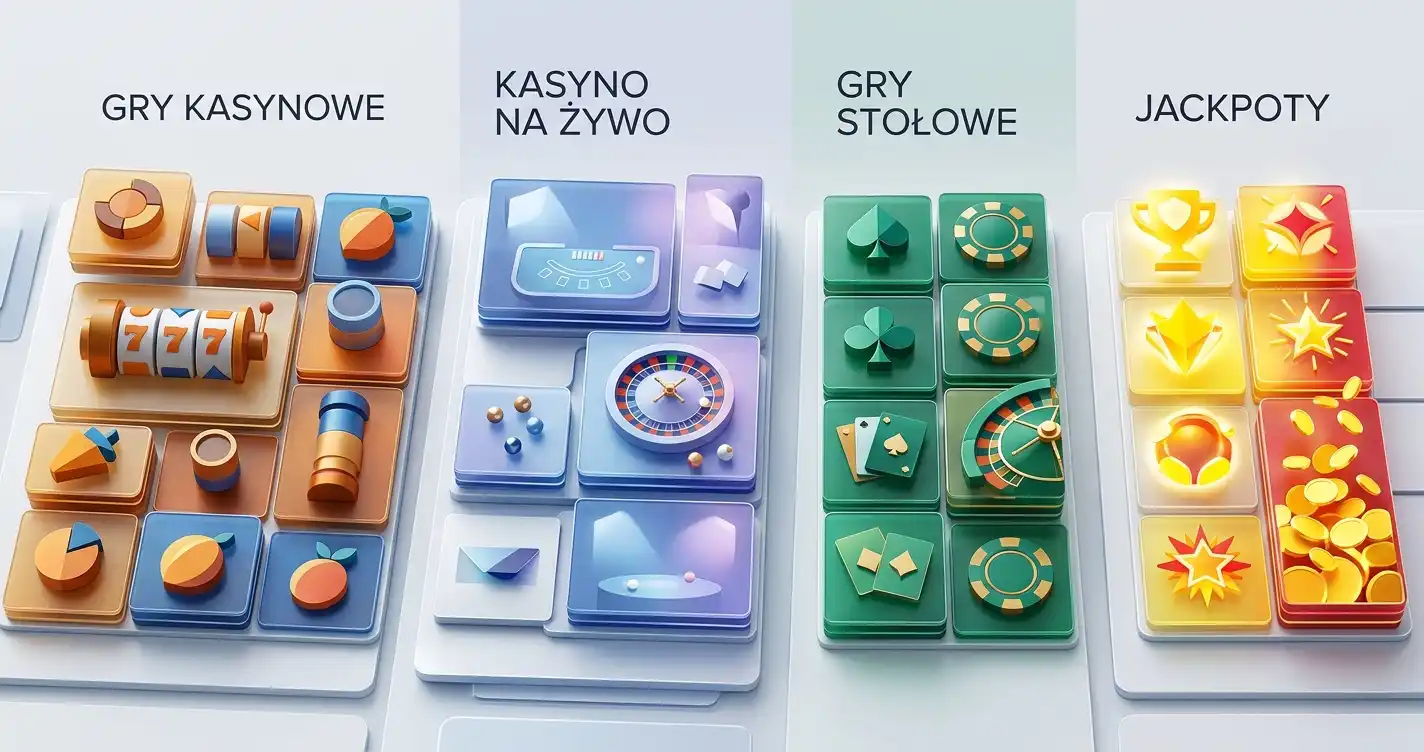 Ilustracja kafelkowego lobby z kategoriami automatów, live casino i gier stołowych