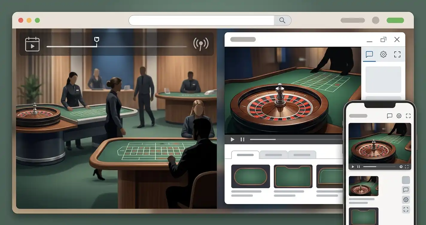 Neutralna ilustracja stołu live casino i ekranu transmisji