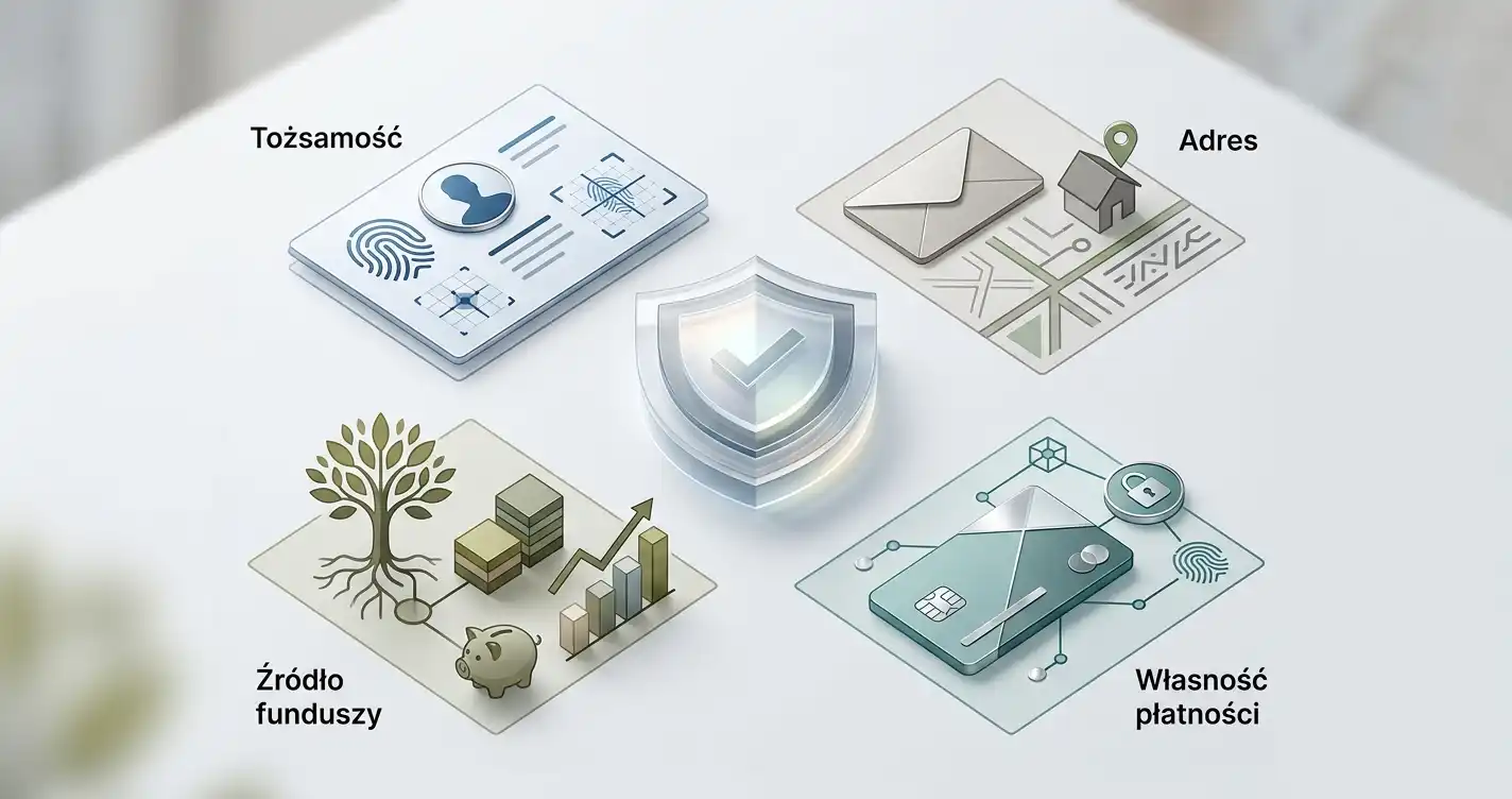 Neutralna ilustracja procesu KYC: tożsamość, adres, metoda płatności i źródło środków